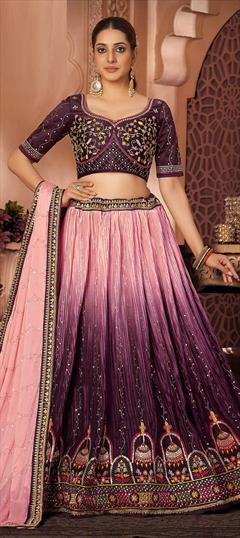Reception, Wedding Purple and Violet color Lehenga in Chiffon fabric with A Line Embroidered, Lace, Sequence, Thread work : 1854167