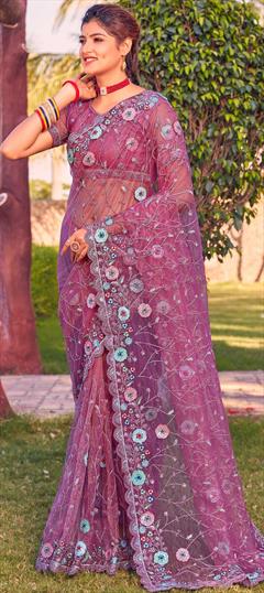 Reception, Wedding Pink and Majenta color Saree in Net fabric with Classic Embroidered, Sequence, Thread work : 1854213
