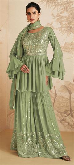 Festive, Party Wear Green color Salwar Kameez in Chiffon fabric with Palazzo Embroidered, Mirror, Sequence work : 1854226