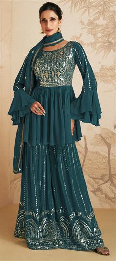 Festive, Party Wear Blue color Salwar Kameez in Chiffon fabric with Palazzo Embroidered, Mirror, Sequence work : 1854227