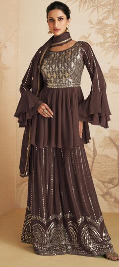 Festive, Party Wear Beige and Brown color Salwar Kameez in Chiffon fabric with Palazzo Embroidered, Mirror, Sequence work : 1854228