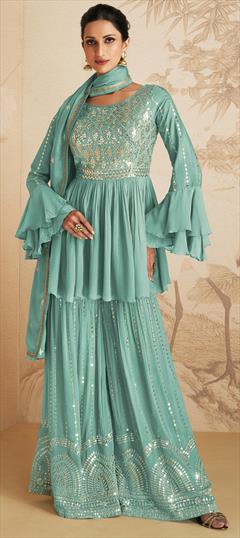 Festive, Party Wear Blue color Salwar Kameez in Chiffon fabric with Palazzo Embroidered, Mirror, Sequence work : 1854229