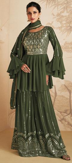 Festive, Party Wear Green color Salwar Kameez in Chiffon fabric with Palazzo Embroidered, Mirror, Sequence work : 1854230