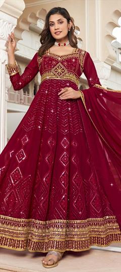 Party Wear, Reception Red and Maroon color Salwar Kameez in Georgette fabric with Anarkali Embroidered, Resham, Sequence, Thread, Zari work : 1854234