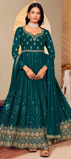 Party Wear, Reception Blue color Salwar Kameez in Georgette fabric with Anarkali Embroidered, Resham, Sequence, Thread, Zari work : 1854235