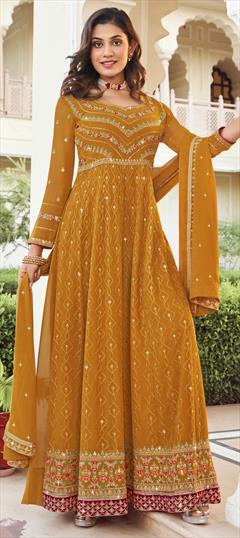 Party Wear, Reception Yellow color Salwar Kameez in Georgette fabric with Anarkali Embroidered, Resham, Sequence, Thread, Zari work : 1854236