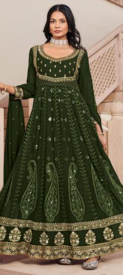 Party Wear, Reception Green color Salwar Kameez in Georgette fabric with Anarkali Embroidered, Resham, Sequence, Thread, Zari work : 1854237