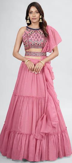 Mehendi Sangeet, Wedding Pink and Majenta color Lehenga in Chiffon fabric with A Line Thread work : 1854299