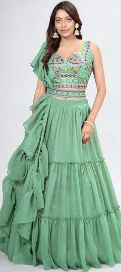 Mehendi Sangeet, Wedding Green color Lehenga in Chiffon fabric with A Line Thread work : 1854301