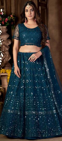 Reception, Wedding Blue color Lehenga in Net fabric with A Line Embroidered, Mirror, Sequence, Thread, Zari work : 1854306