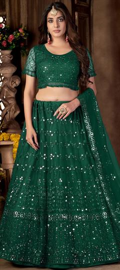 Reception, Wedding Green color Lehenga in Net fabric with A Line Embroidered, Mirror, Sequence, Thread, Zari work : 1854308