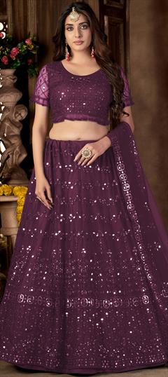 Reception, Wedding Purple and Violet color Lehenga in Net fabric with A Line Embroidered, Mirror, Sequence, Thread, Zari work : 1854309