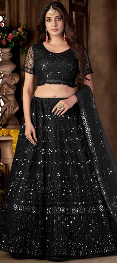 Reception, Wedding Black and Grey color Lehenga in Net fabric with A Line Embroidered, Mirror, Sequence, Thread, Zari work : 1854310