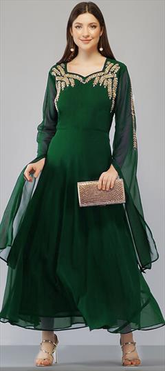 Party Wear Green color Kurti in Georgette fabric with Anarkali, Long Sleeve Embroidered, Thread work : 1854539