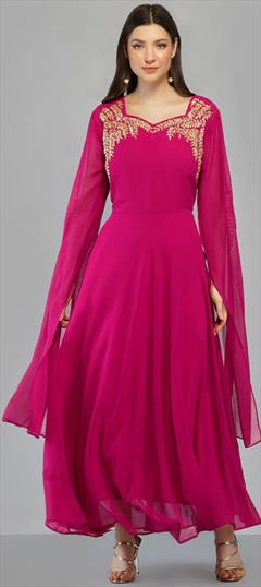 Party Wear Pink and Majenta color Kurti in Georgette fabric with Anarkali, Long Sleeve Embroidered, Thread work : 1854541