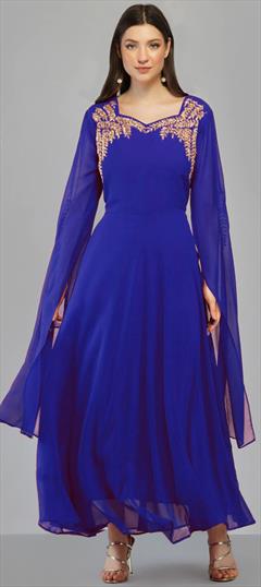Party Wear Blue color Kurti in Georgette fabric with Anarkali Embroidered, Thread work : 1854542