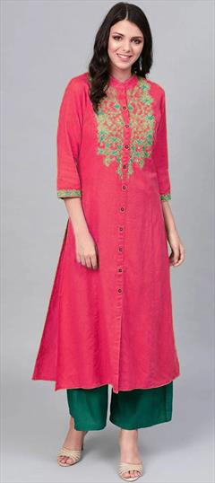Party Wear Pink and Majenta color Kurti in Rayon fabric with Long Sleeve, Straight Embroidered, Thread work : 1854546