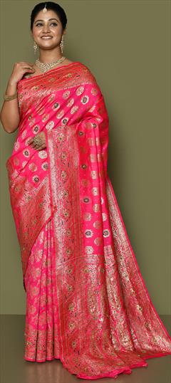 Bridal, Wedding Pink and Majenta color Saree in Georgette fabric with Classic Stone, Weaving work : 1854568