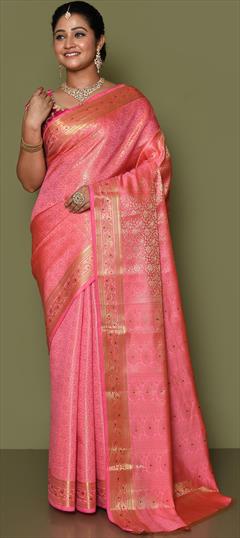 Bridal, Traditional, Wedding Pink and Majenta color Saree in Kanjeevaram Silk, Silk fabric with South Stone, Weaving work : 1854575