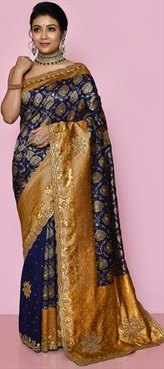 Bridal, Traditional, Wedding Blue color Saree in Kanjeevaram Silk, Silk fabric with South Stone, Weaving work : 1854576