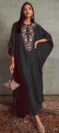 Party Wear Black and Grey color Kaftan in Art Silk fabric with Embroidered, Thread work : 1854633