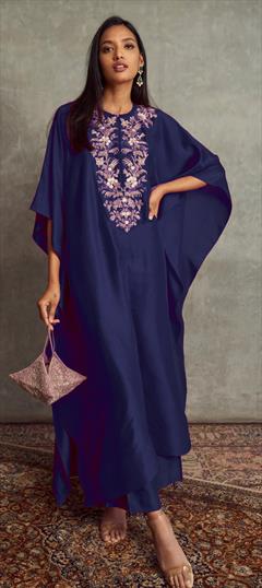 Party Wear Blue color Kaftan in Art Silk fabric with Embroidered, Thread work : 1854634