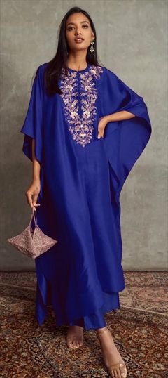 Party Wear Blue color Kaftan in Art Silk fabric with Embroidered, Thread work : 1854638