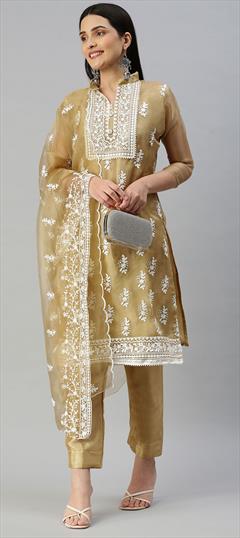 Party Wear Beige and Brown color Salwar Kameez in Organza Silk fabric with Straight Embroidered, Resham, Thread work : 1854698