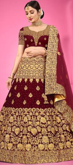 Bridal, Wedding Red and Maroon color Lehenga in Velvet fabric with A Line Bugle Beads, Stone, Zari work : 1854701