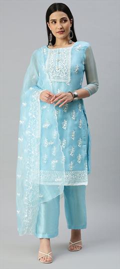 Party Wear Blue color Salwar Kameez in Organza Silk fabric with Straight Embroidered, Resham, Thread work : 1854703