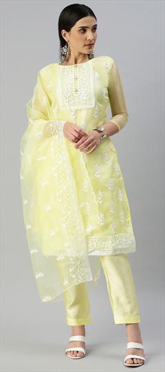 Party Wear Yellow color Salwar Kameez in Organza Silk fabric with Straight Embroidered, Resham, Thread work : 1854704