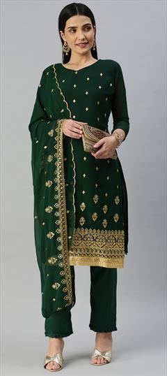 Party Wear Green color Salwar Kameez in Georgette fabric with Straight Embroidered, Thread, Zari work : 1854705