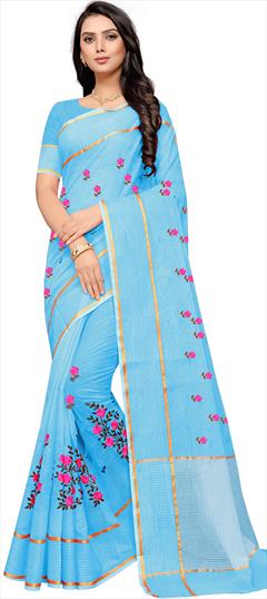 Traditional Blue color Saree in Super Net fabric with Bengali Embroidered, Resham, Thread work : 1854727