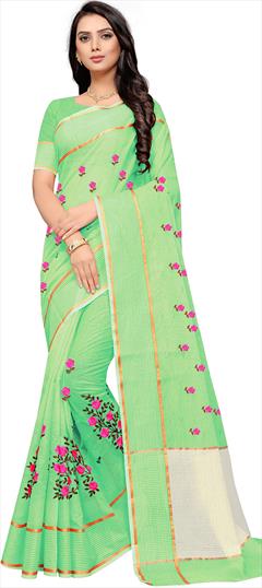 Traditional Green color Saree in Super Net fabric with Bengali Embroidered, Resham, Thread work : 1854729