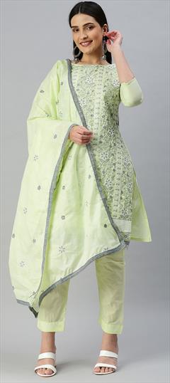 Party Wear Green color Salwar Kameez in Cotton fabric with Straight Embroidered, Resham, Thread work : 1854735