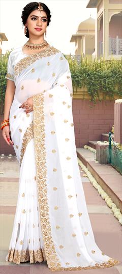 Reception, Wedding White and Off White color Saree in Georgette fabric with Classic Embroidered, Stone, Thread, Zari work : 1854754