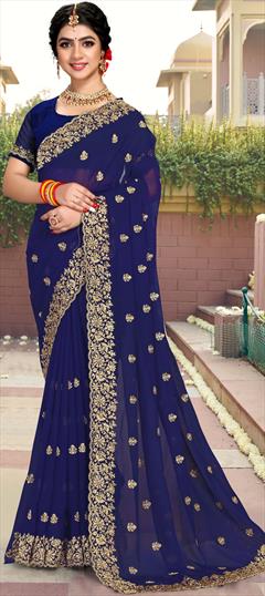 Reception, Wedding Blue color Saree in Georgette fabric with Classic Embroidered, Stone, Thread, Zari work : 1854764