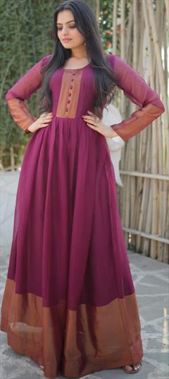 Party Wear Purple and Violet color Gown in Chiffon fabric with Thread, Zari work : 1855096