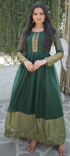 Party Wear Green color Gown in Chiffon fabric with Thread, Zari work : 1855097