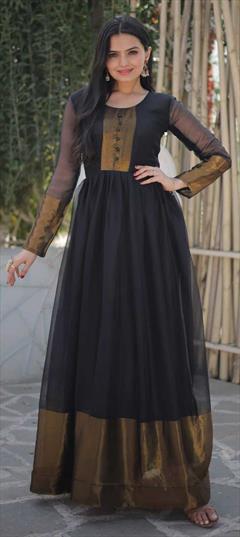 Party Wear Black and Grey color Gown in Chiffon fabric with Thread, Zari work : 1855103