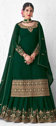 Reception, Wedding Green color Salwar Kameez in Georgette fabric with Straight Embroidered, Stone, Zari work : 1855169