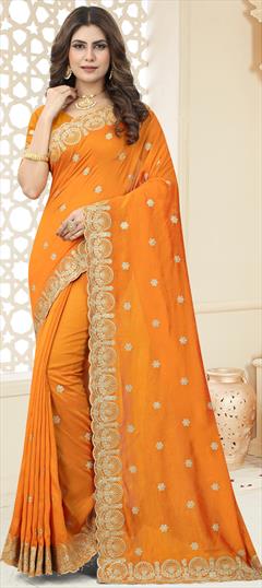 Wedding Yellow color Saree in Blended, Silk fabric with Classic Embroidered, Zari work : 1855327