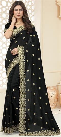 Wedding Black and Grey color Saree in Blended, Silk fabric with Classic Embroidered, Zari work : 1855332