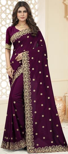 Wedding Purple and Violet color Saree in Blended, Silk fabric with Classic Embroidered, Zari work : 1855333