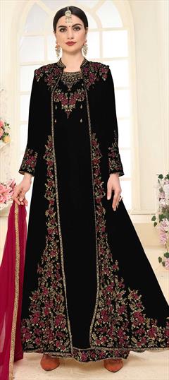 Festive, Party Wear Black and Grey color Salwar Kameez in Faux Georgette fabric with A Line, Pakistani Embroidered, Resham, Thread, Zari work : 1855514
