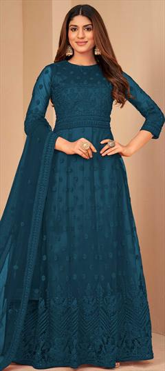 Festive, Party Wear Blue color Salwar Kameez in Net fabric with A Line, Pakistani Embroidered, Resham, Thread, Zari work : 1855519