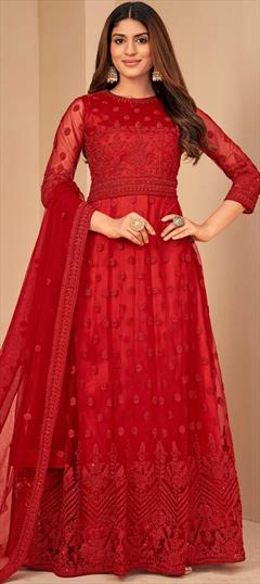 Festive, Party Wear Red and Maroon color Salwar Kameez in Net fabric with A Line, Pakistani Embroidered, Resham, Thread, Zari work : 1855520