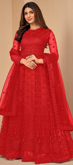 Festive, Party Wear Red and Maroon color Salwar Kameez in Net fabric with A Line, Pakistani Embroidered, Resham, Thread, Zari work : 1855522