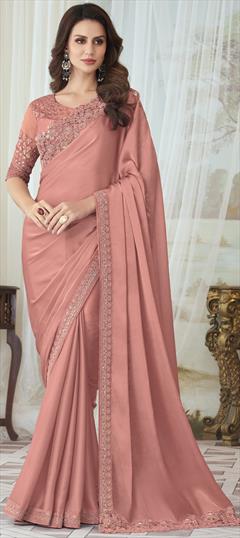 Party Wear, Reception, Wedding Pink and Majenta color Saree in Georgette fabric with Classic Embroidered, Sequence work : 1855609
