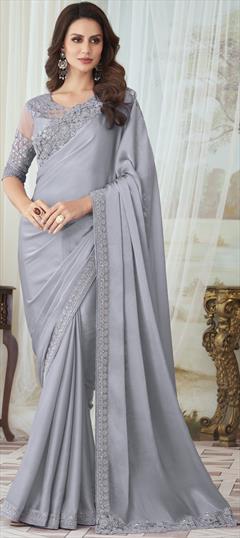 Party Wear, Reception, Wedding Black and Grey color Saree in Georgette fabric with Classic Embroidered, Sequence work : 1855613